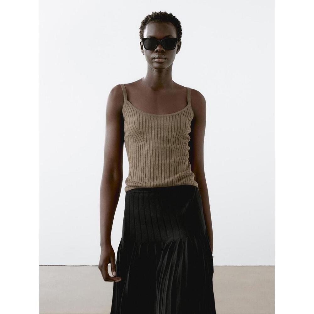 (6234) Massimo Dutti Strappy Knit Top with Ribbed‎ Detail - See Sizes Below